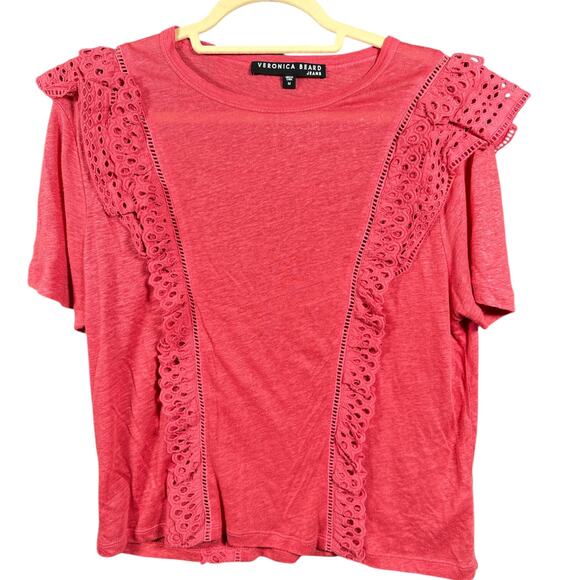 Veronica Beard Jeans Shirt Women Size Medium Coral Red Linen Lace Ruffles‎ - Picture 1 of 4